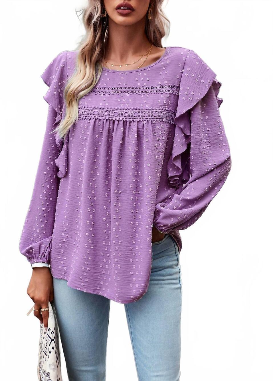 NEW EPRETTY swiss dots ruffle trim blouse in purple